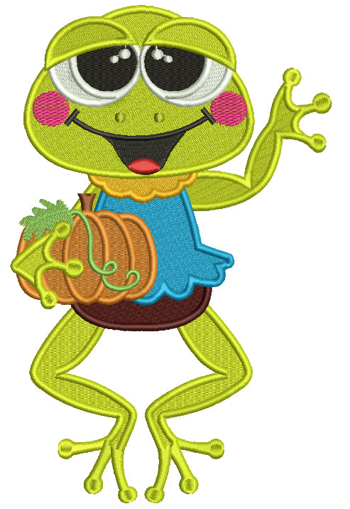 Cute Little Frog Holding a Pumpkin Thanksgiving Filled Machine Embroidery Design Digitized Pattern