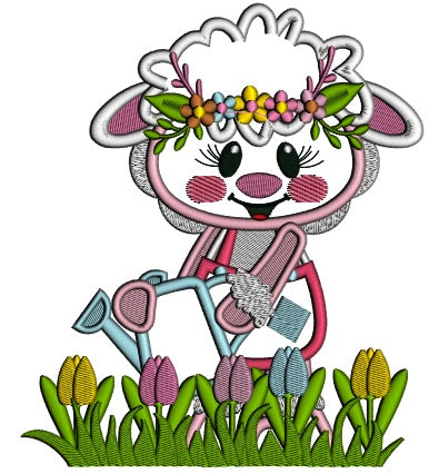 Cute Little Gardner Lamb Watering Flowers Applique Machine Embroidery Design Digitized Pattern