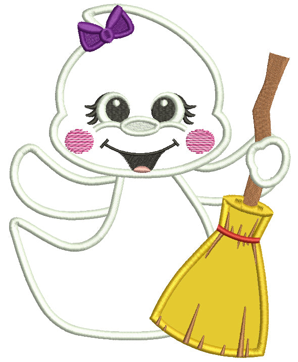 Cute Little Ghost Holding a Broom Halloween Applique Machine Embroidery Design Digitized Pattern