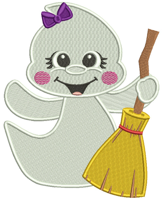 Cute Little Ghost Holding a Broom Halloween Filled Machine Embroidery Design Digitized Pattern