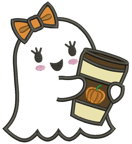 Cute Little Ghost Holding a Drink Halloween Applique Machine Embroidery Design Digitized Pattern