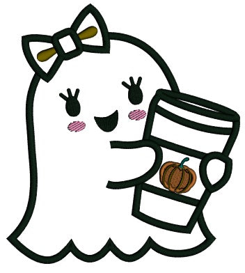 Cute Little Ghost Holding a Drink Halloween Applique Machine Embroidery Design Digitized Pattern