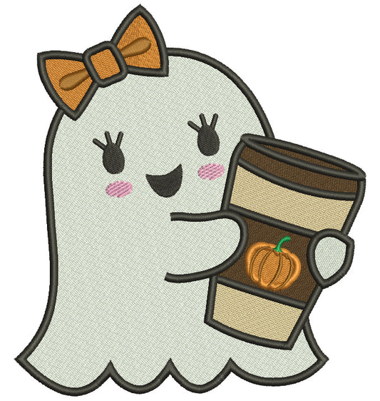 Cute Little Ghost Holding a Drink Halloween Filled Machine Embroidery Design Digitized Pattern