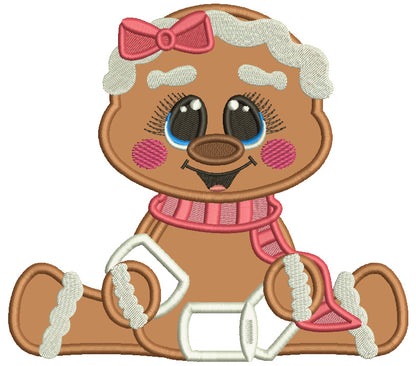 Cute Little Gingerbread Girl Playing With Snow Christmas Applique Machine Embroidery Design Digitized Pattern