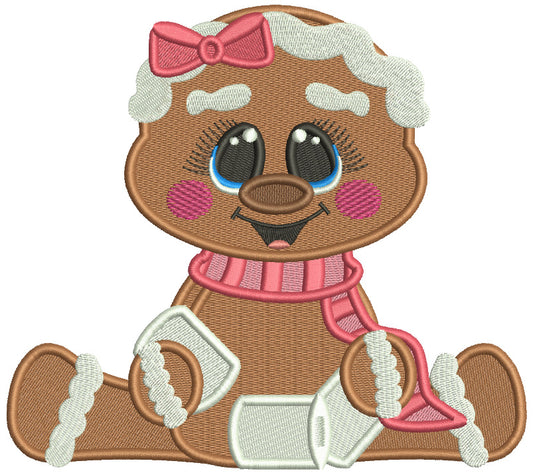 Cute Little Gingerbread Girl Playing With Snow Christmas Filled Machine Embroidery Design Digitized Pattern