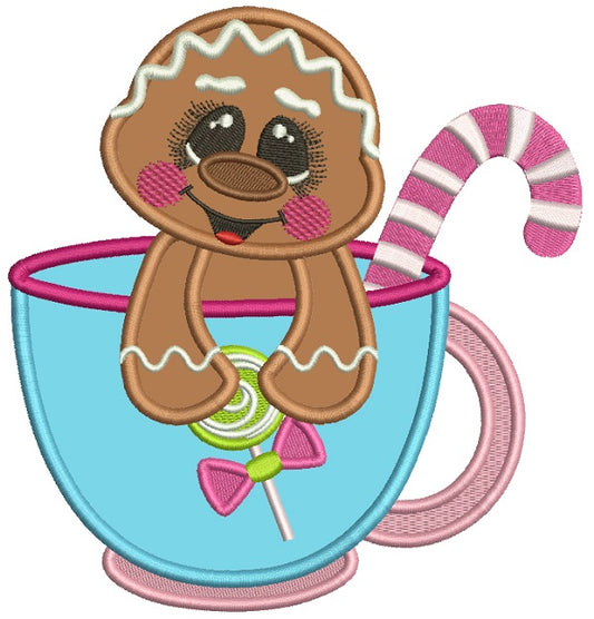Cute Little Gingerbread Girl Sitting Inside A Cup Christmas Applique Machine Embroidery Design Digitized Pattern