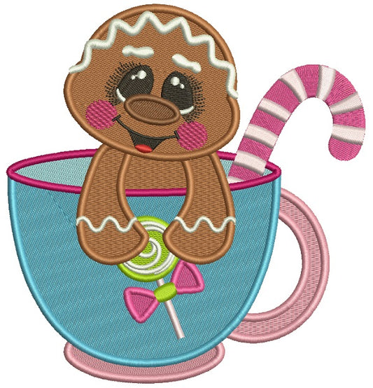 Cute Little Gingerbread Girl Sitting Inside A Cup Christmas Filled Machine Embroidery Design Digitized Pattern
