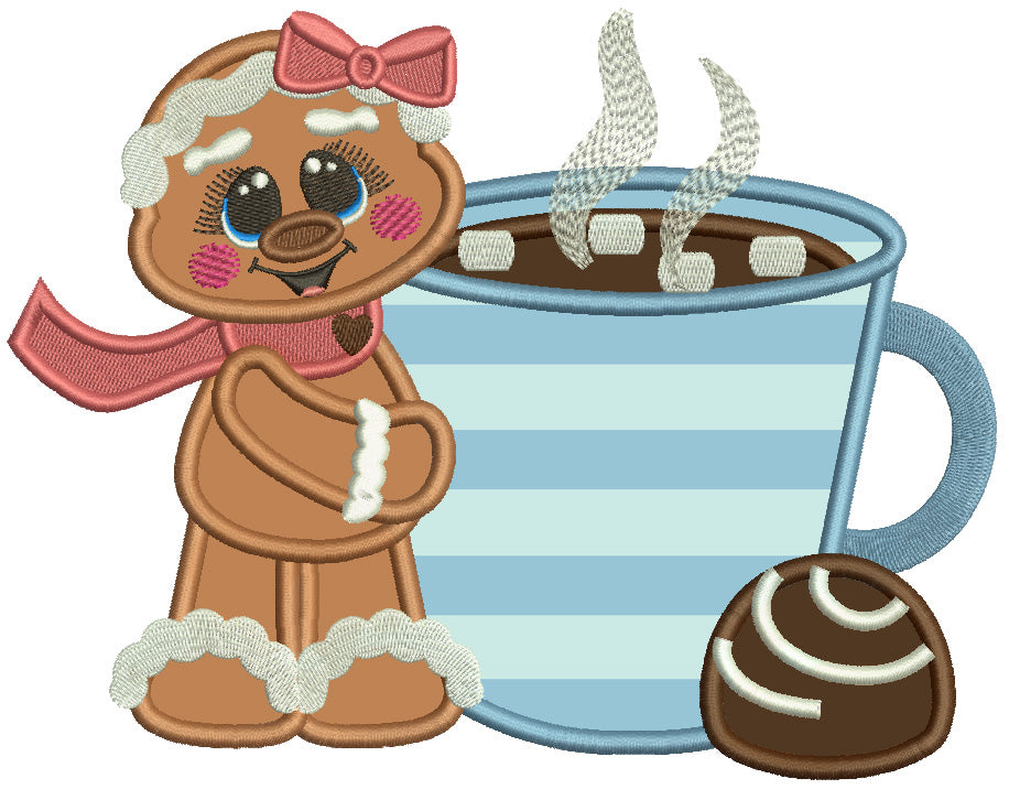 Cute Little Gingerbread Girl Standing Next To Hot Cocoa Christmas Applique Machine Embroidery Design Digitized Pattern