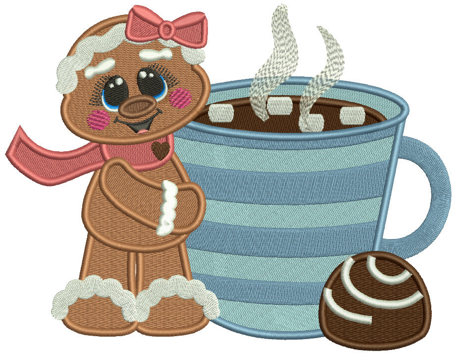 Cute Little Gingerbread Girl Standing Next To Hot Cocoa Christmas Filled Machine Embroidery Design Digitized Pattern
