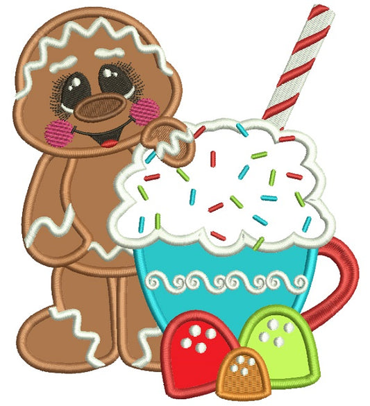 Cute Little Gingerbread Man Standing Next To Cupcake Christmas Applique Machine Embroidery Design Digitized Pattern