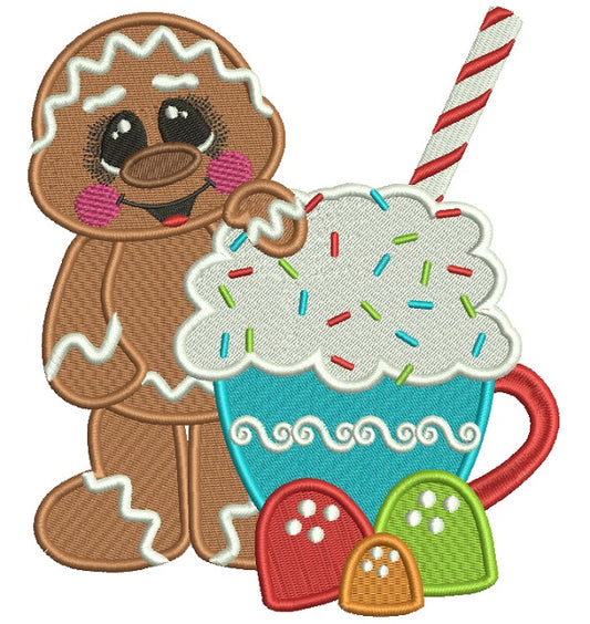 Cute Little Gingerbread Man Standing Next To Cupcake Christmas Filled Machine Embroidery Design Digitized Pattern