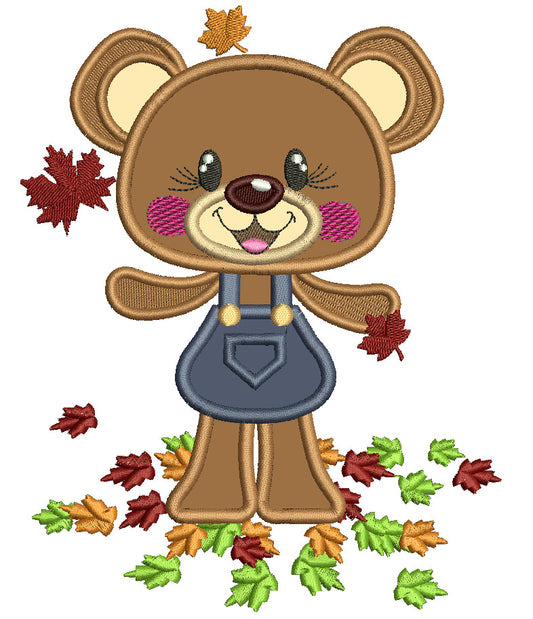 Cute Little Girl Bear Catching Leaves Fall Applique Machine Embroidery Design Digitized Pattern
