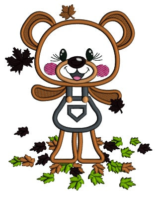 Cute Little Girl Bear Catching Leaves Fall Applique Machine Embroidery Design Digitized Pattern