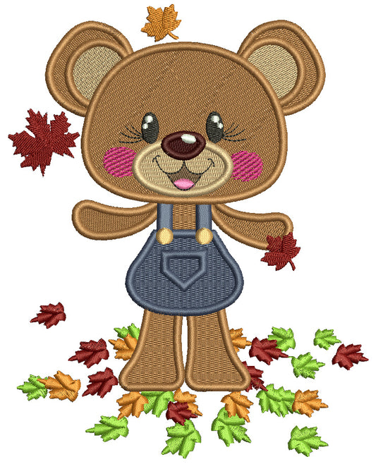 Cute Little Girl Bear Catching Leaves Fall Filled Machine Embroidery Design Digitized Pattern