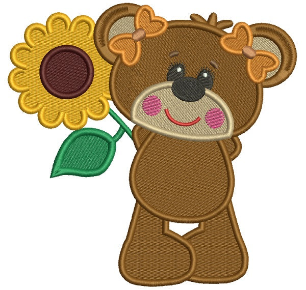 Cute Little Girl Bear Holding a Sunflower Filled Machine Embroidery Design Digitized Pattern