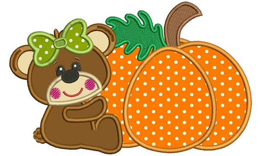 Cute Little Girl Bear Next To Big Pumpkin Thanksgiving Applique Machine Embroidery Design Digitized Pattern