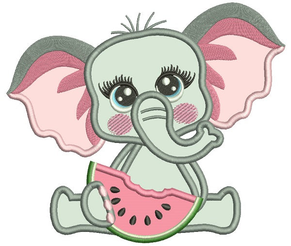Cute Little Girl Elephant Eating Watermelon Applique Machine Embroidery Digitized Design Pattern