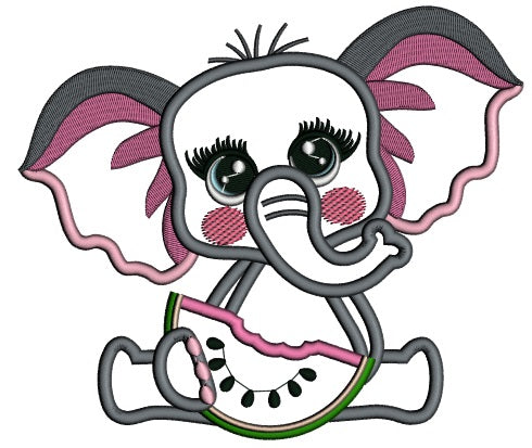 Cute Little Girl Elephant Eating Watermelon Applique Machine Embroidery Digitized Design Pattern