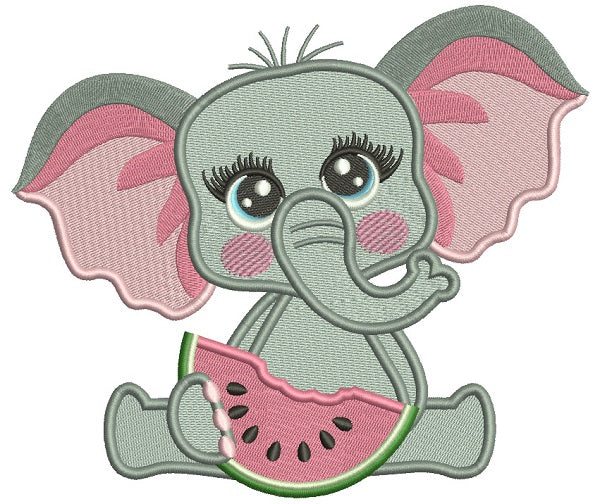 Cute Little Girl Elephant Eating Watermelon Filled Machine Embroidery Digitized Design Pattern