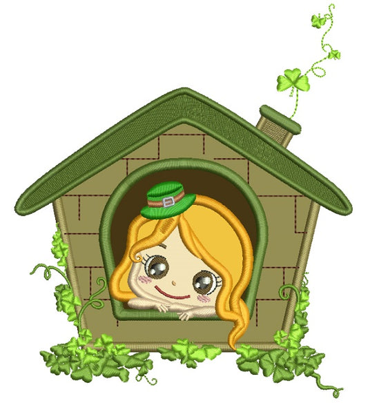 Cute Little Girl Inside a House St. Patrick's Day Applique Machine Embroidery Design Digitized Pattern