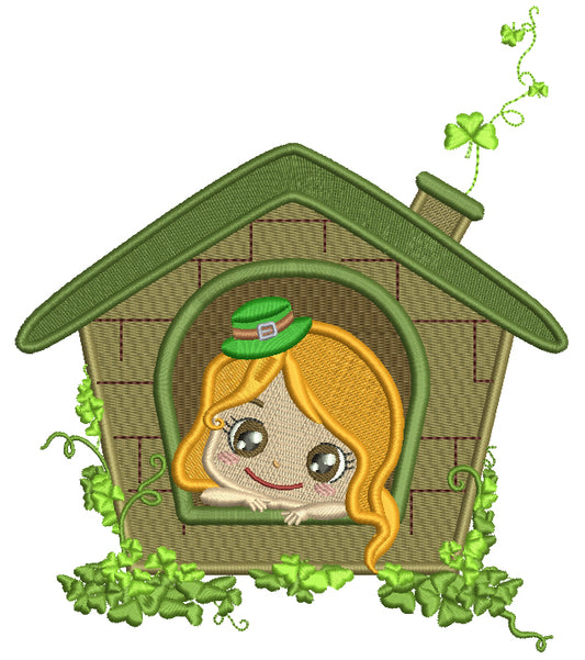 Cute Little Girl Inside a House St. Patrick's Day Filled Machine Embroidery Design Digitized Pattern