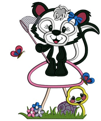 Cute Little Girl Skunk Standing On The Mushroom Applique Machine Embroidery Design Digitized Pattern