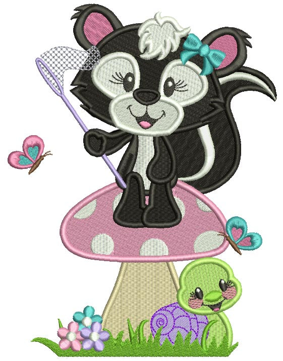 Cute Little Girl Skunk Standing On The Mushroom Filled Machine Embroidery Design Digitized Pattern