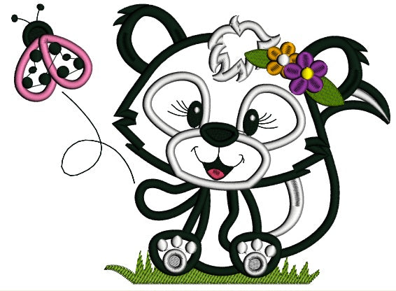 Cute Little Girl Skunk With Flowers Applique Machine Embroidery Design Digitized Pattern