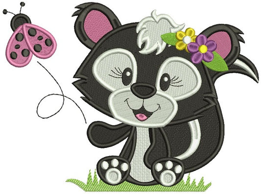 Cute Little Girl Skunk With Flowers Filled Machine Embroidery Design Digitized Pattern