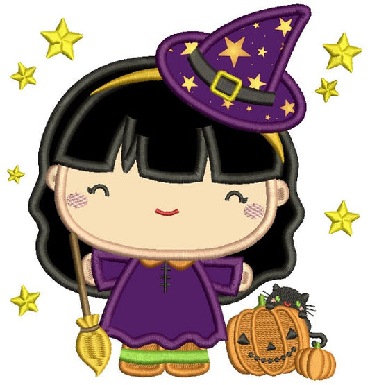 Cute Little Girl Witch Halloween Applique Machine Embroidery Design Digitized Pattern