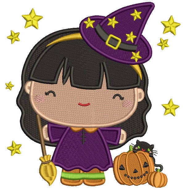 Cute Little Girl Witch Halloween Filled Machine Embroidery Design Digitized Pattern