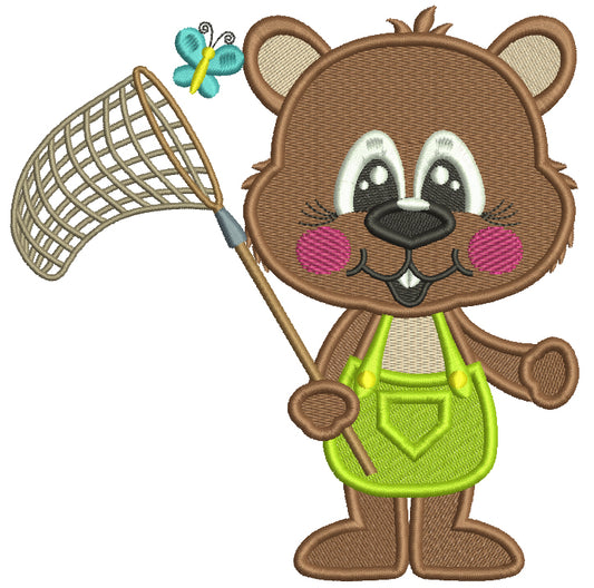 Cute Little Groundhog Catching Butterflies Filled Machine Embroidery Design Digitized Pattern