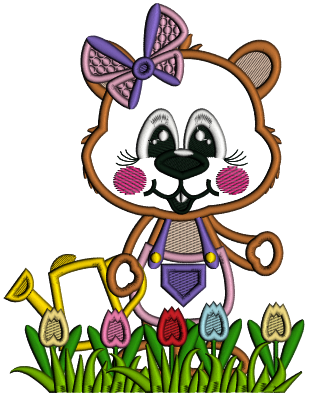 Cute Little Groundhog Gardner Wearing a Big Bow Applique Machine Embroidery Design Digitized Pattern