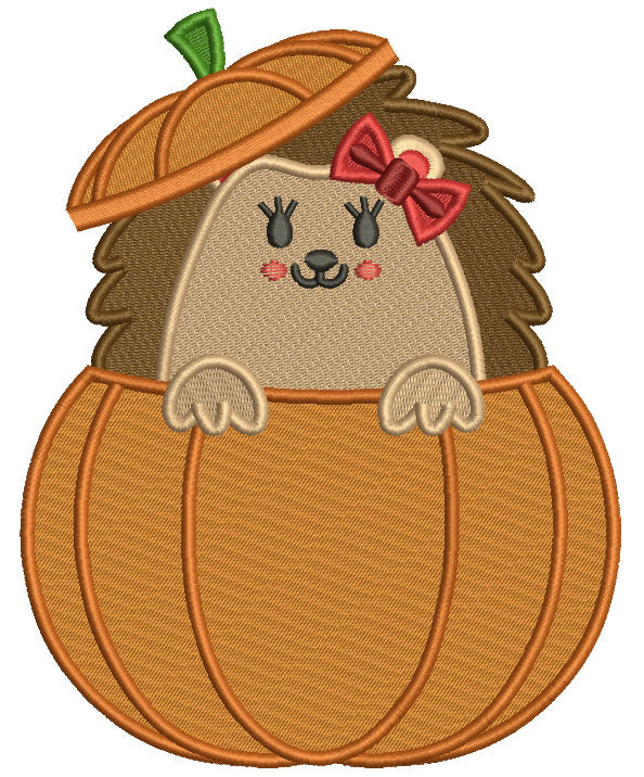 Cute Little Hedgehog Sitting Inside a Pumpkin Thanksgiving Filled Machine Embroidery Design Digitized Pattern