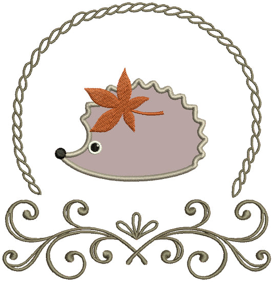 Cute Little Hedgehog With a Leaf Applique Machine Embroidery Design Digitized Pattern