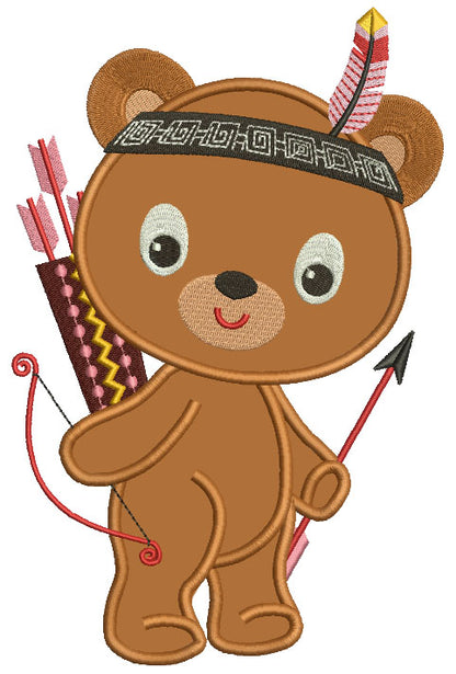 Cute Little Indian Bear With a Feather Thanksgiving Applique Machine Embroidery Design Digitized Pattern