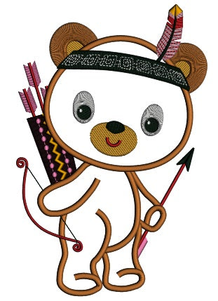 Cute Little Indian Bear With a Feather Thanksgiving Applique Machine Embroidery Design Digitized Pattern