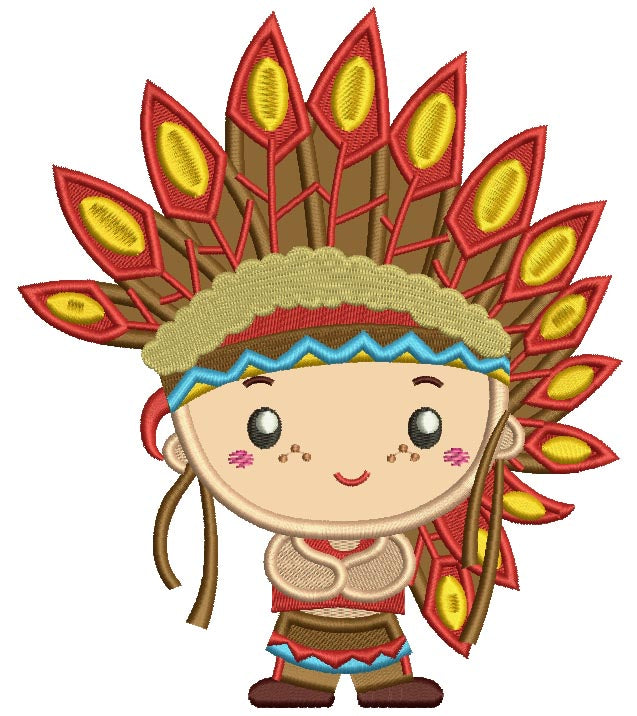 Cute Little Indian Boy With Big Feathers Thanksgiving Applique Machine Embroidery Design Digitized Pattern