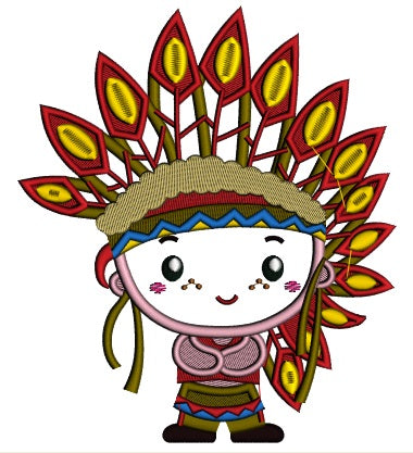 Cute Little Indian Boy With Big Feathers Thanksgiving Applique Machine Embroidery Design Digitized Pattern