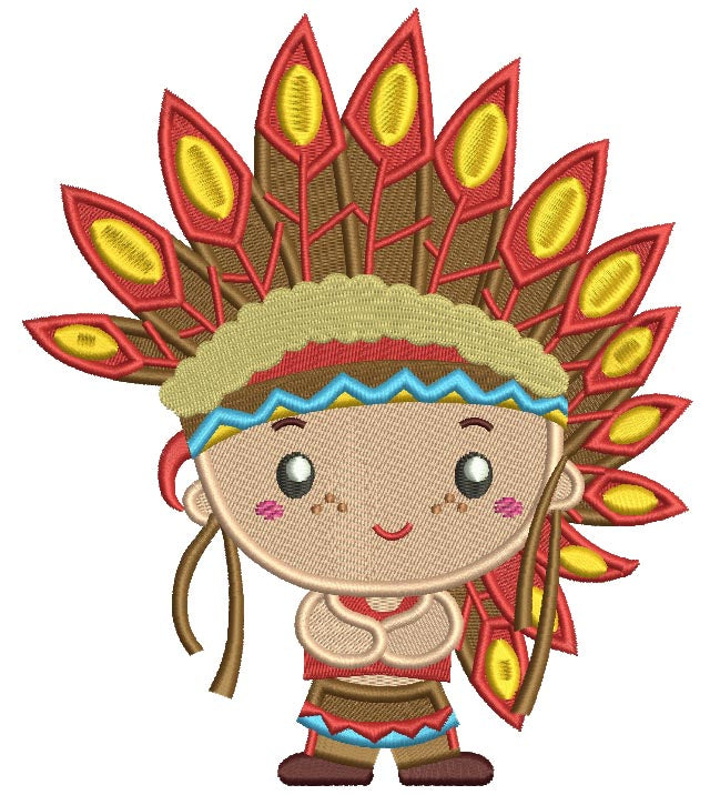 Cute Little Indian Boy With Big Feathers Thanksgiving Filled Machine Embroidery Design Digitized Pattern