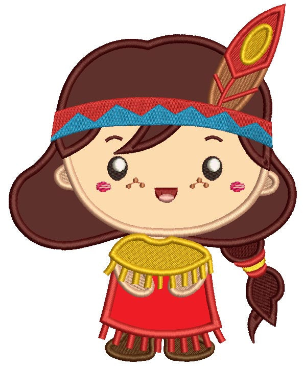 Cute Little Indian Girl With Big Feather Thanksgiving Applique Machine Embroidery Design Digitized Pattern