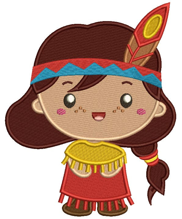 Cute Little Indian Girl With Big Feather Thanksgiving Filled Machine Embroidery Design Digitized Pattern