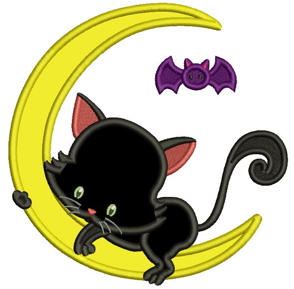 Cute Little Kitten On The Moon With a Bat Applique Halloween Machine Embroidery Design Digitized Pattern
