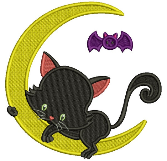 Cute Little Kitten On The Moon With a Bat Filled Halloween Machine Embroidery Design Digitized Pattern