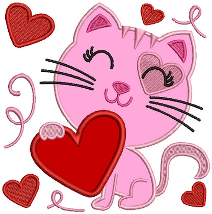 Cute Little Kitten With a BIg Heart Love Applique Machine Embroidery Design Digitized Pattern
