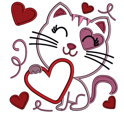 Cute Little Kitten With a BIg Heart Love Applique Machine Embroidery Design Digitized Pattern