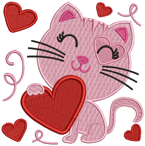 Cute Little Kitten With a BIg Heart Love Filled Machine Embroidery Design Digitized Pattern