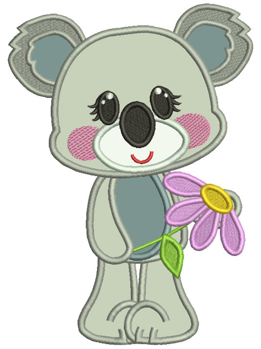 Cute Little Koala Holding a Flower Applique Machine Embroidery Digitized Design Pattern