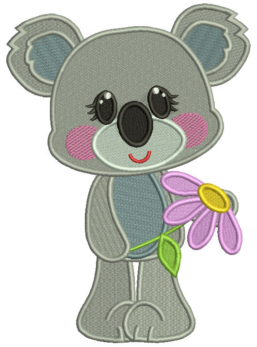 Cute Little Koala Holding a Flower Filled Machine Embroidery Digitized ...