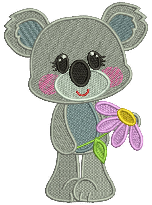 Cute Little Koala Holding a Flower Filled Machine Embroidery Digitized Design Pattern